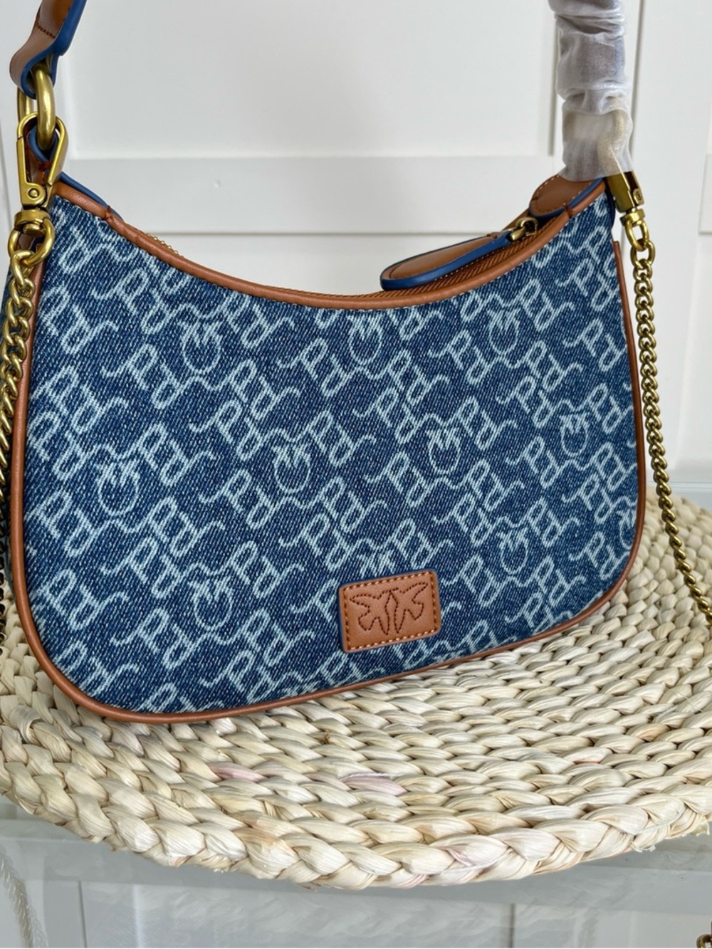 Pinko Blue Denim Logo Shoulder Bag with Brown Trim - Picture 3 of 9